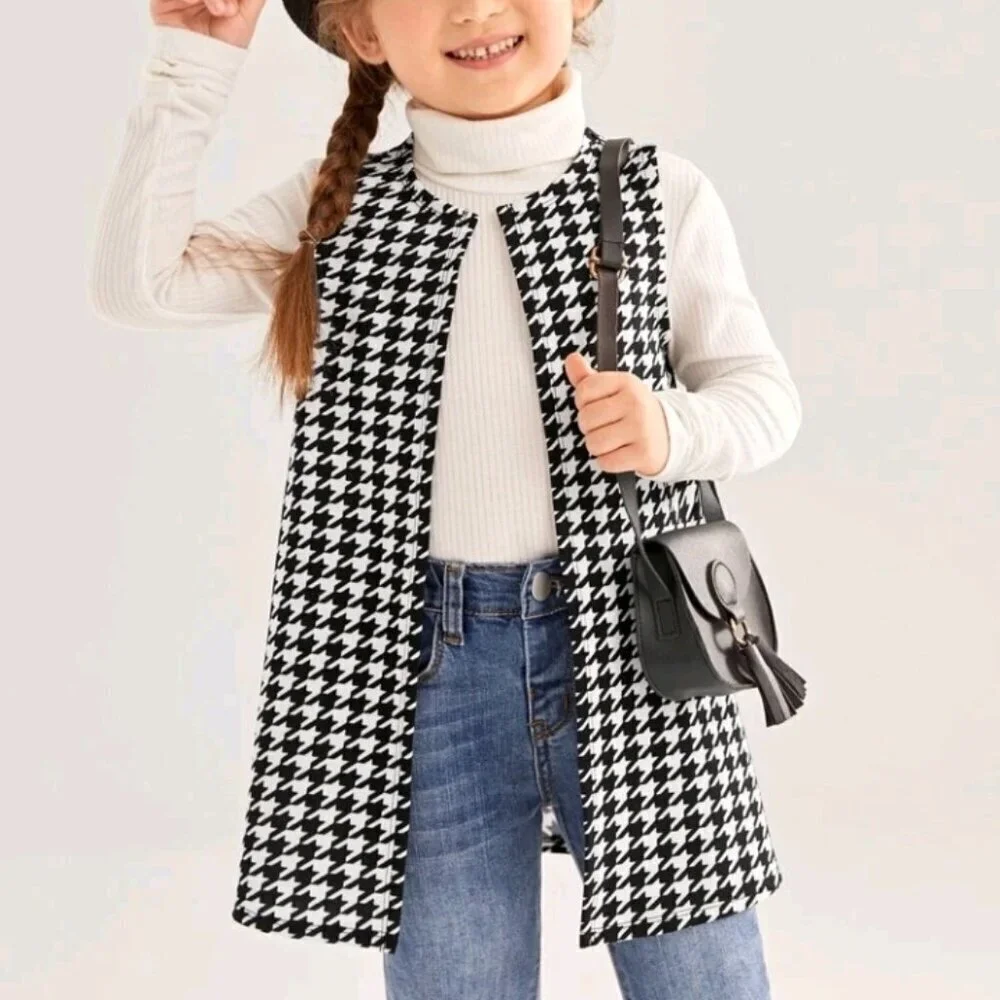 SHEIN Young Girl Houndstooth Print Open Front Vest Coat